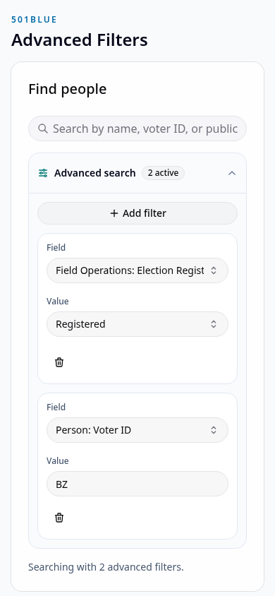 Mobile advanced filters for people records