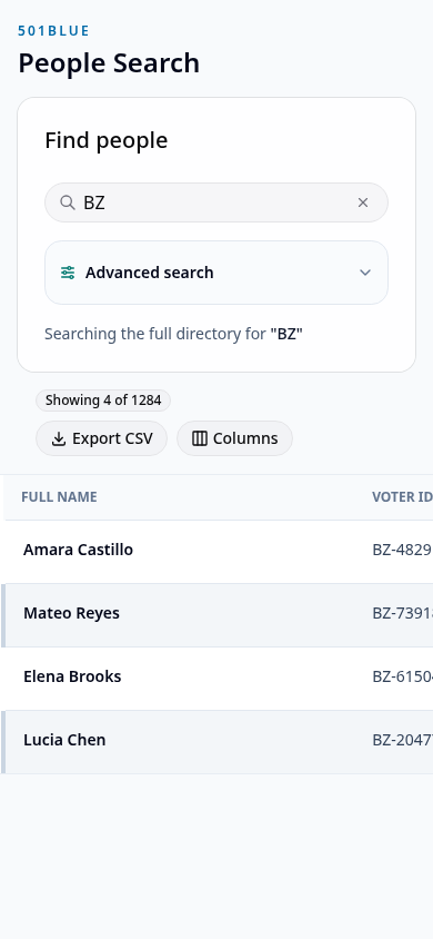 Mobile people search results in 501Blue People Management System