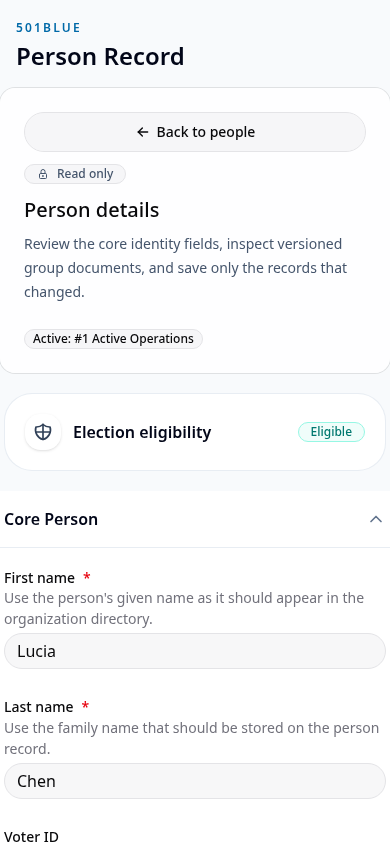 Mobile person record detail with record sections