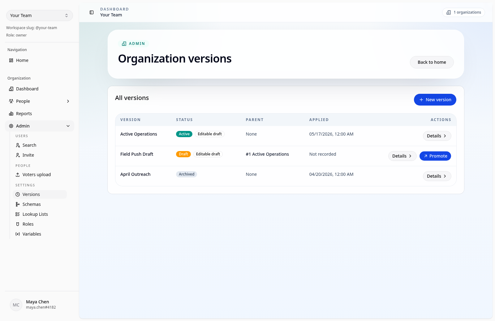 Desktop admin view showing organization dataset versions